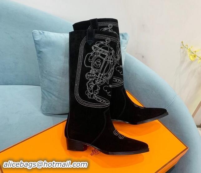 Charming Hermes Embroidered Suede High Boots Black 0907020