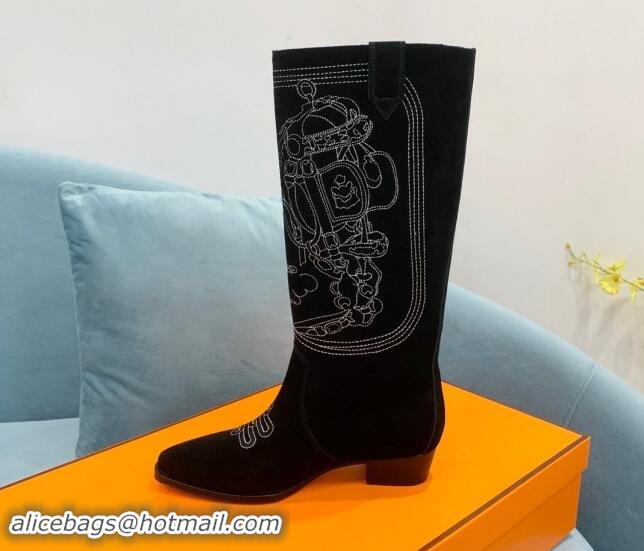 Charming Hermes Embroidered Suede High Boots Black 0907020