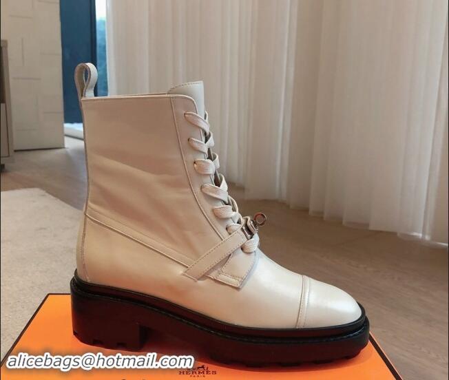 Low Price Hermes Funk Lace-up Ankle Boots 4.5cm in Calfskin Ivory White 907021