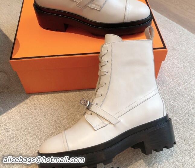 Good Quality Hermes Funk Lace-up Ankle Boots 4.5cm in Calfskin Pale Grey 907022