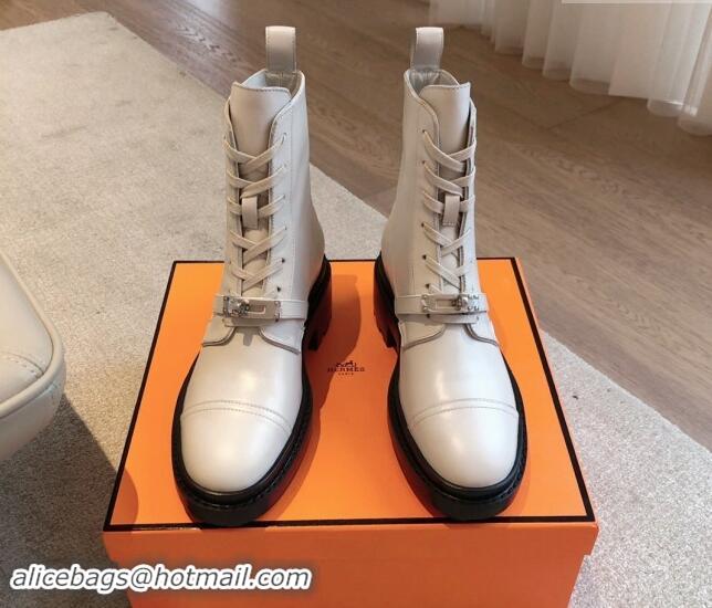 Good Quality Hermes Funk Lace-up Ankle Boots 4.5cm in Calfskin Pale Grey 907022