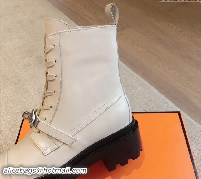 Good Quality Hermes Funk Lace-up Ankle Boots 4.5cm in Calfskin Pale Grey 907022