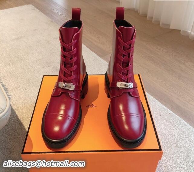 Stylish Hermes Funk Lace-up Ankle Boots 4.5cm in Calfskin Red 907023