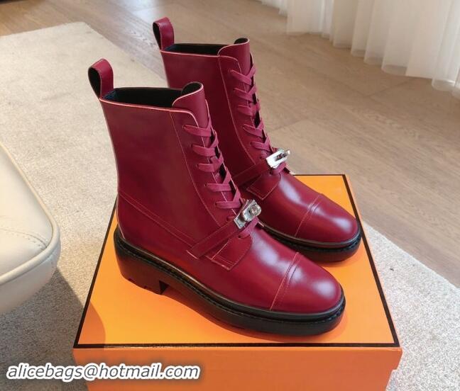 Stylish Hermes Funk Lace-up Ankle Boots 4.5cm in Calfskin Red 907023