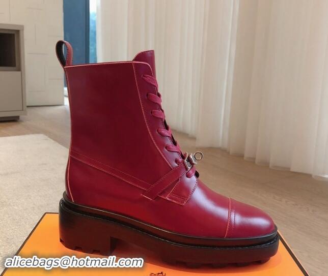 Stylish Hermes Funk Lace-up Ankle Boots 4.5cm in Calfskin Red 907023