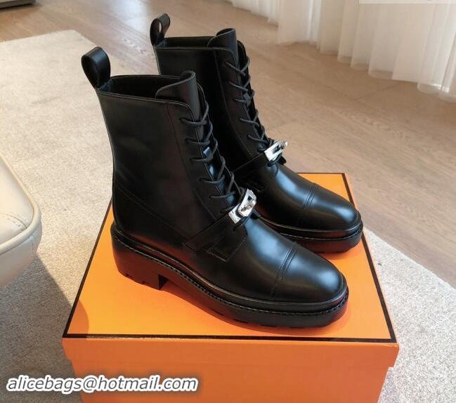 Perfect Hermes Funk Lace-up Ankle Boots 4.5cm in Calfskin Black  907024