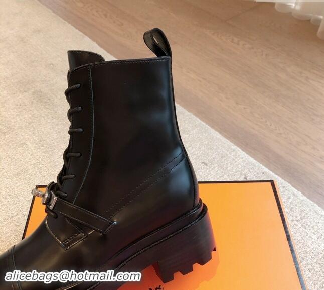 Perfect Hermes Funk Lace-up Ankle Boots 4.5cm in Calfskin Black  907024