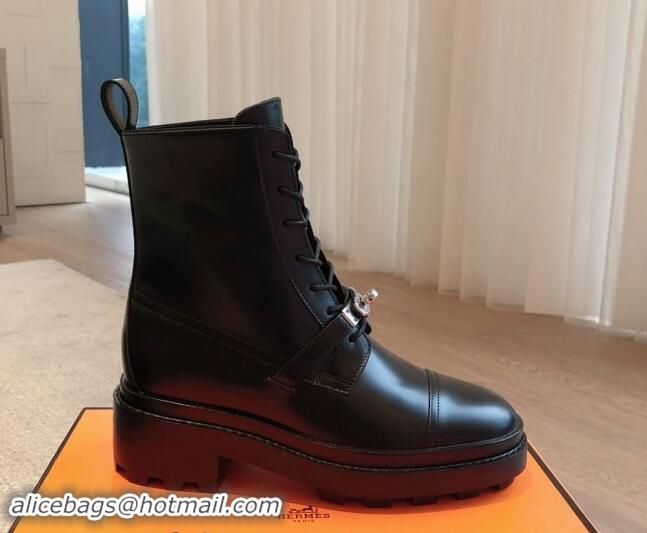 Perfect Hermes Funk Lace-up Ankle Boots 4.5cm in Calfskin Black  907024