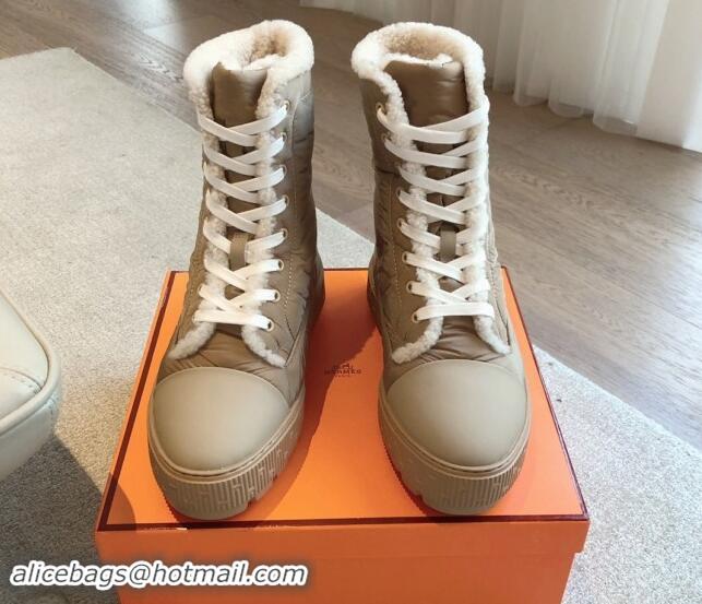 Shop Duplicate Hermes Fresh Lace-up Ankle Boots 4cm in Parachute Fabric Beige 907028