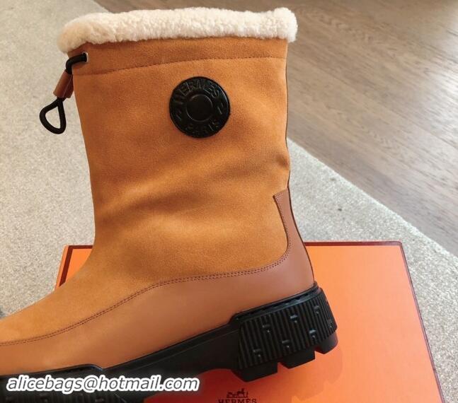 Top Grade Hermes Ankle Boots in Suede and Calfskin with Wool Lining Camel Brown 907031