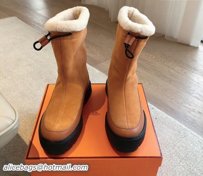 Top Grade Hermes Ankle Boots in Suede and Calfskin with Wool Lining Camel Brown 907031