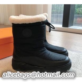 Charming Hermes Ankle Boots in Black Fabric and Calfskin with Wool Lining 907030