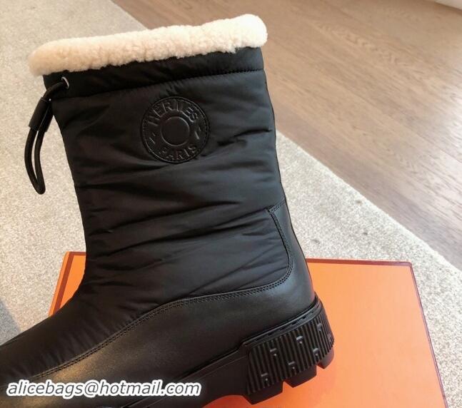 Charming Hermes Ankle Boots in Black Fabric and Calfskin with Wool Lining 907030