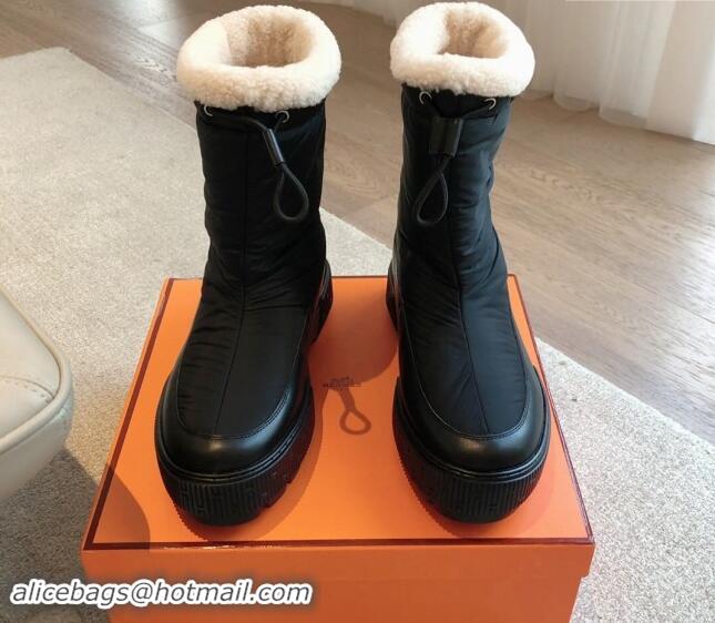 Charming Hermes Ankle Boots in Black Fabric and Calfskin with Wool Lining 907030