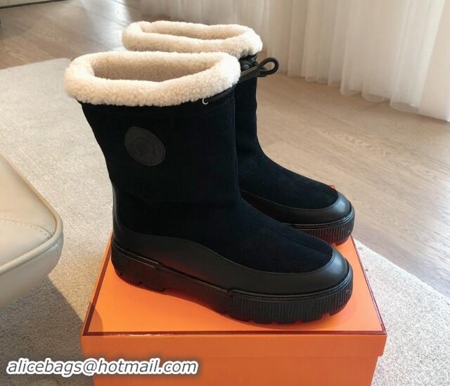 Good Looking Hermes Ankle Boots in Suede and Calfskin with Wool Lining Black 907033