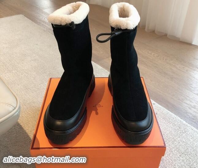 Good Looking Hermes Ankle Boots in Suede and Calfskin with Wool Lining Black 907033