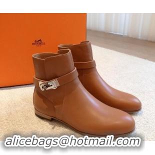 Unique Style Hermes Fortune Ankle Flat Boots in Calfskin with Kelly Buckle Brown 907035