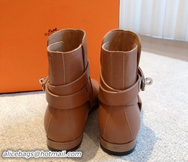 Unique Style Hermes Fortune Ankle Flat Boots in Calfskin with Kelly Buckle Brown 907035