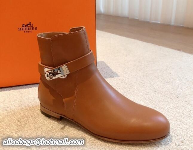 Unique Style Hermes Fortune Ankle Flat Boots in Calfskin with Kelly Buckle Brown 907035