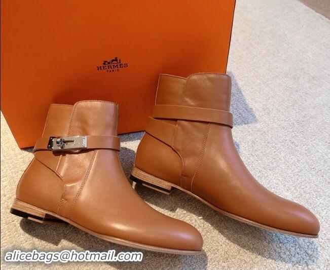 Unique Style Hermes Fortune Ankle Flat Boots in Calfskin with Kelly Buckle Brown 907035