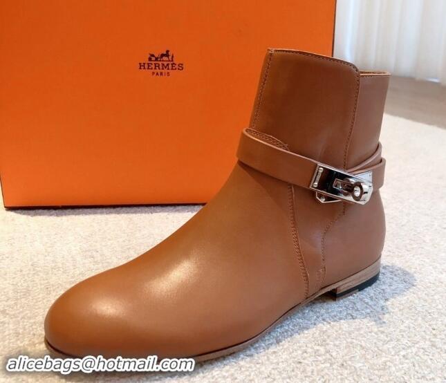 Unique Style Hermes Fortune Ankle Flat Boots in Calfskin with Kelly Buckle Brown 907035