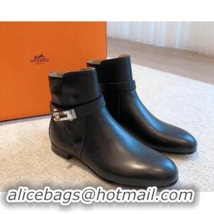 Big Discount Hermes Fortune Ankle Flat Boots in Calfskin with Kelly Buckle Black 907036