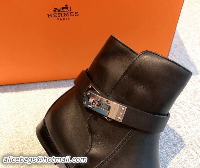 Big Discount Hermes Fortune Ankle Flat Boots in Calfskin with Kelly Buckle Black 907036