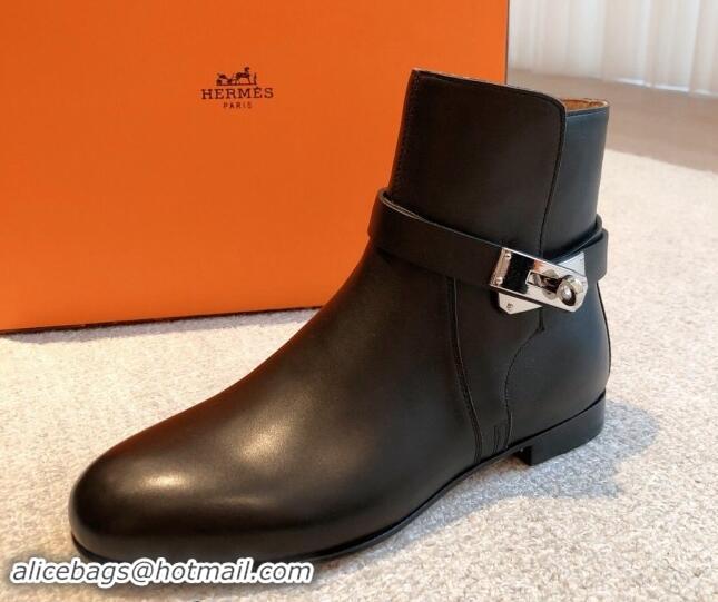 Big Discount Hermes Fortune Ankle Flat Boots in Calfskin with Kelly Buckle Black 907036