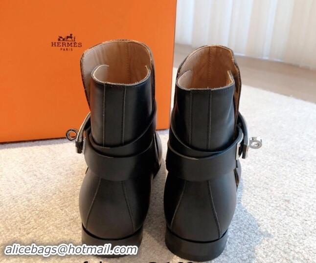 Big Discount Hermes Fortune Ankle Flat Boots in Calfskin with Kelly Buckle Black 907036