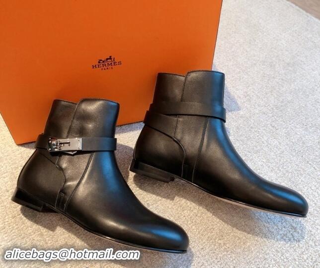 Big Discount Hermes Fortune Ankle Flat Boots in Calfskin with Kelly Buckle Black 907036