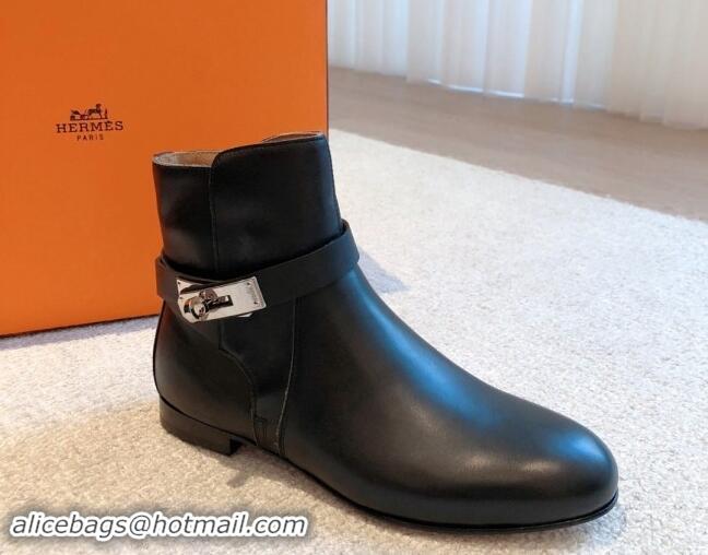 Big Discount Hermes Fortune Ankle Flat Boots in Calfskin with Kelly Buckle Black 907036