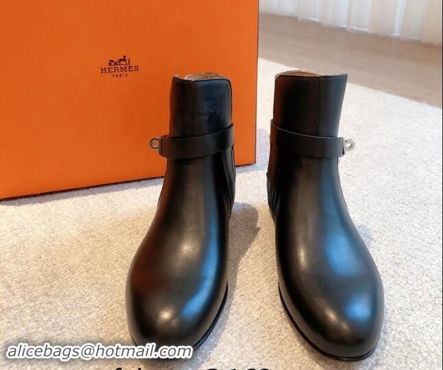 Big Discount Hermes Fortune Ankle Flat Boots in Calfskin with Kelly Buckle Black 907036