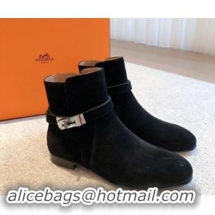 Cheap Price Hermes Fortune Ankle Flat Boots in Suede with Kelly Buckle Black 907037