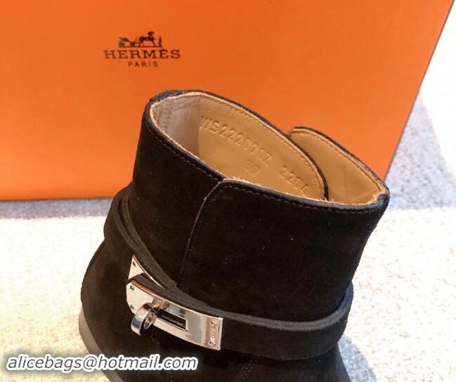 Cheap Price Hermes Fortune Ankle Flat Boots in Suede with Kelly Buckle Black 907037