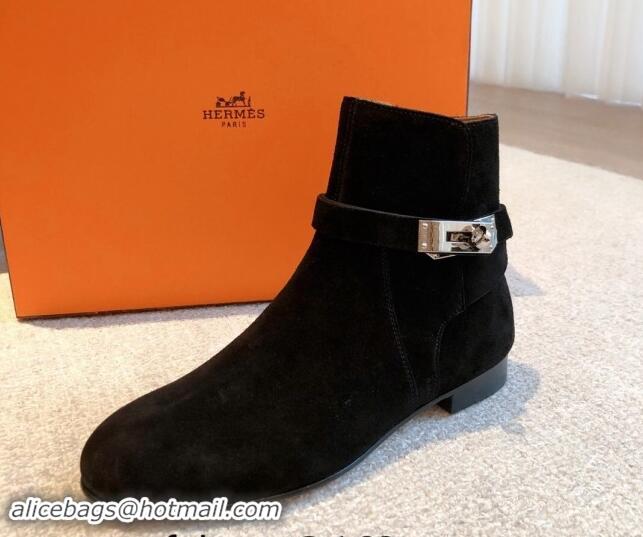 Cheap Price Hermes Fortune Ankle Flat Boots in Suede with Kelly Buckle Black 907037