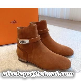 Best Product Hermes Fortune Ankle Flat Boots in Brown Suede with Kelly Buckle 907038