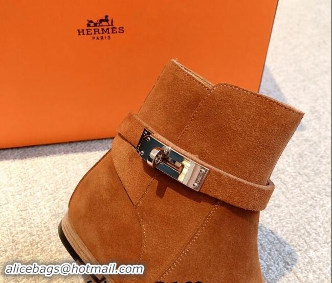 Best Product Hermes Fortune Ankle Flat Boots in Brown Suede with Kelly Buckle 907038