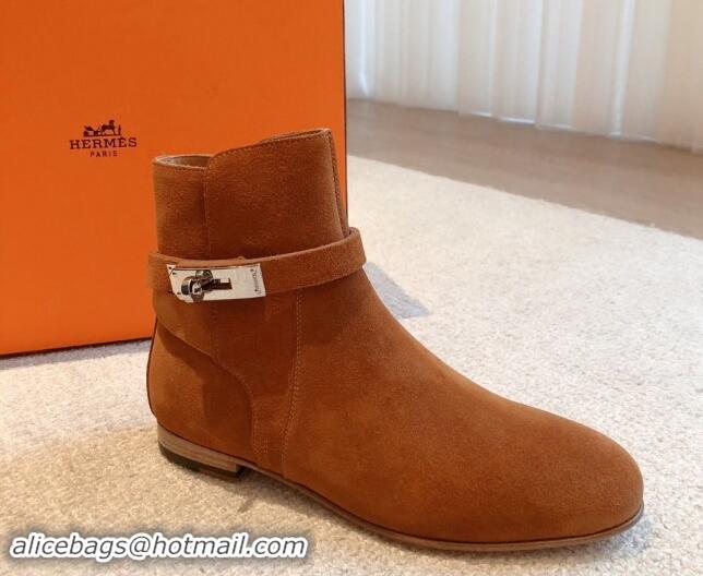 Best Product Hermes Fortune Ankle Flat Boots in Brown Suede with Kelly Buckle 907038