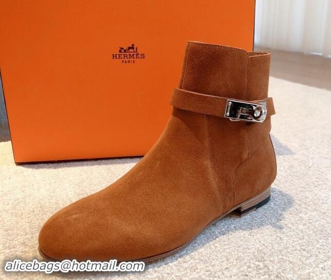 Best Product Hermes Fortune Ankle Flat Boots in Brown Suede with Kelly Buckle 907038