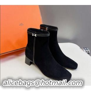 Sophisticated Hermes Hommage Heel Ankle Boots 5cm in Black Suede with Mini Paris Buckle 907040