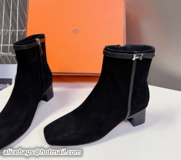 Sophisticated Hermes Hommage Heel Ankle Boots 5cm in Black Suede with Mini Paris Buckle 907040