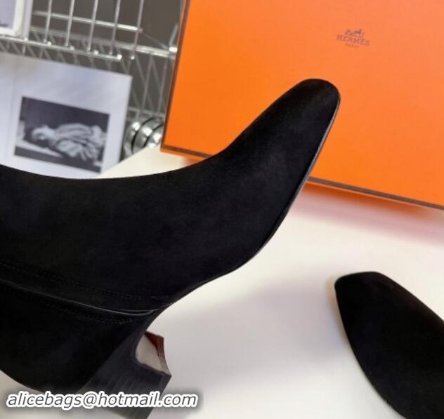 Sophisticated Hermes Hommage Heel Ankle Boots 5cm in Black Suede with Mini Paris Buckle 907040