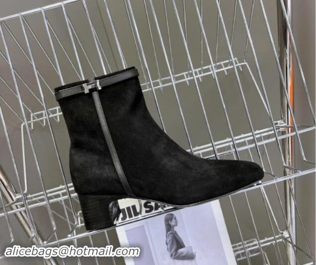 Sophisticated Hermes Hommage Heel Ankle Boots 5cm in Black Suede with Mini Paris Buckle 907040