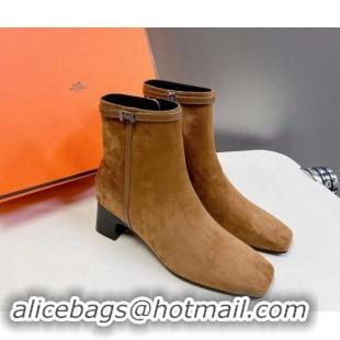 Buy Luxury Hermes Hommage Heel Ankle Boots 5cm in Brown Suede with Mini Paris Buckle 907041