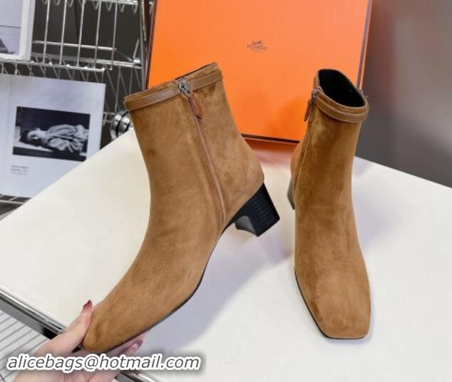 Buy Luxury Hermes Hommage Heel Ankle Boots 5cm in Brown Suede with Mini Paris Buckle 907041