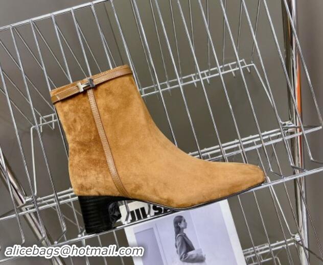 Buy Luxury Hermes Hommage Heel Ankle Boots 5cm in Brown Suede with Mini Paris Buckle 907041