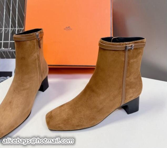 Buy Luxury Hermes Hommage Heel Ankle Boots 5cm in Brown Suede with Mini Paris Buckle 907041