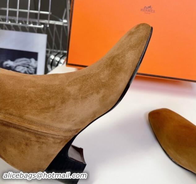 Buy Luxury Hermes Hommage Heel Ankle Boots 5cm in Brown Suede with Mini Paris Buckle 907041