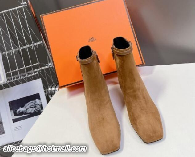 Buy Luxury Hermes Hommage Heel Ankle Boots 5cm in Brown Suede with Mini Paris Buckle 907041