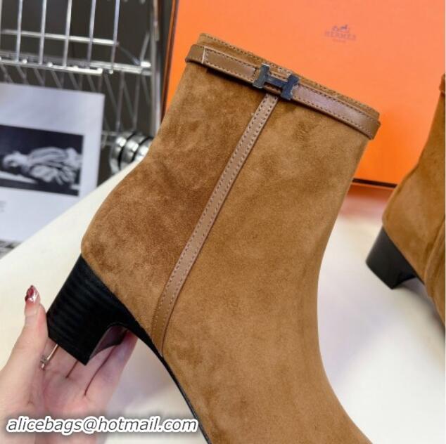 Buy Luxury Hermes Hommage Heel Ankle Boots 5cm in Brown Suede with Mini Paris Buckle 907041